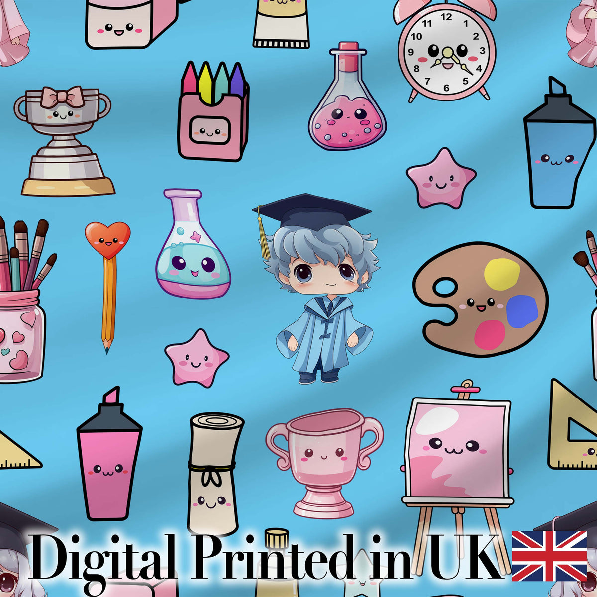 Cute Kawaii Graduation Student Art Supplies Blue Seamless Pattern Digital Print Fabric by the Metre UK Sewing Quilting Textile