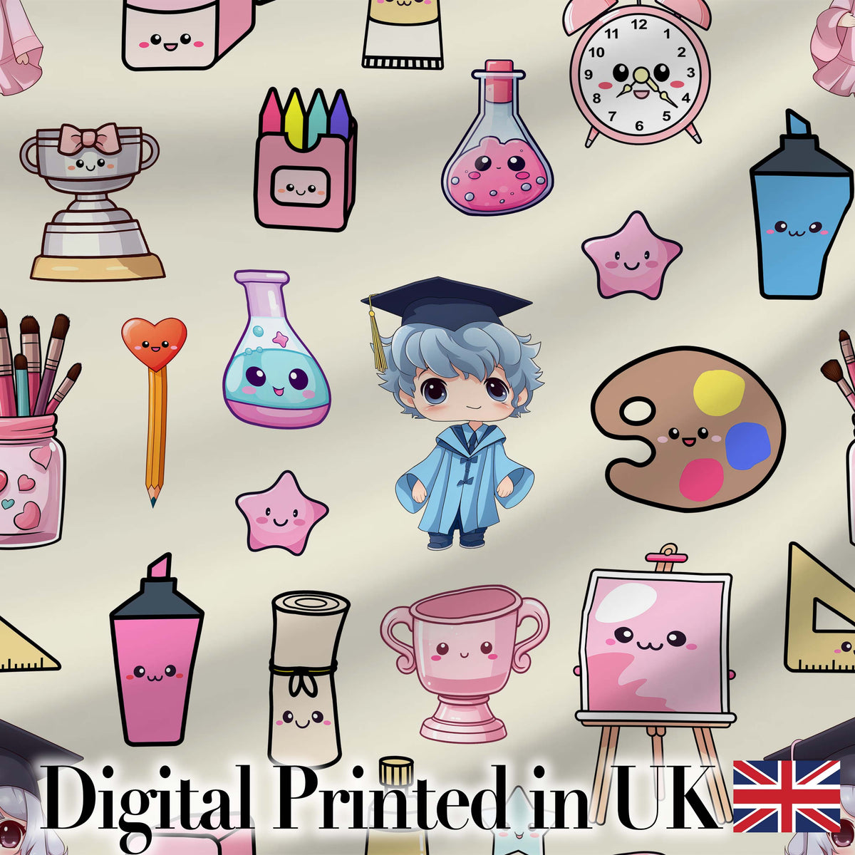 Cute Kawaii Graduation Student Art Supplies Neutral Seamless Pattern Digital Print Fabric by the Metre UK Sewing Quilting Textile