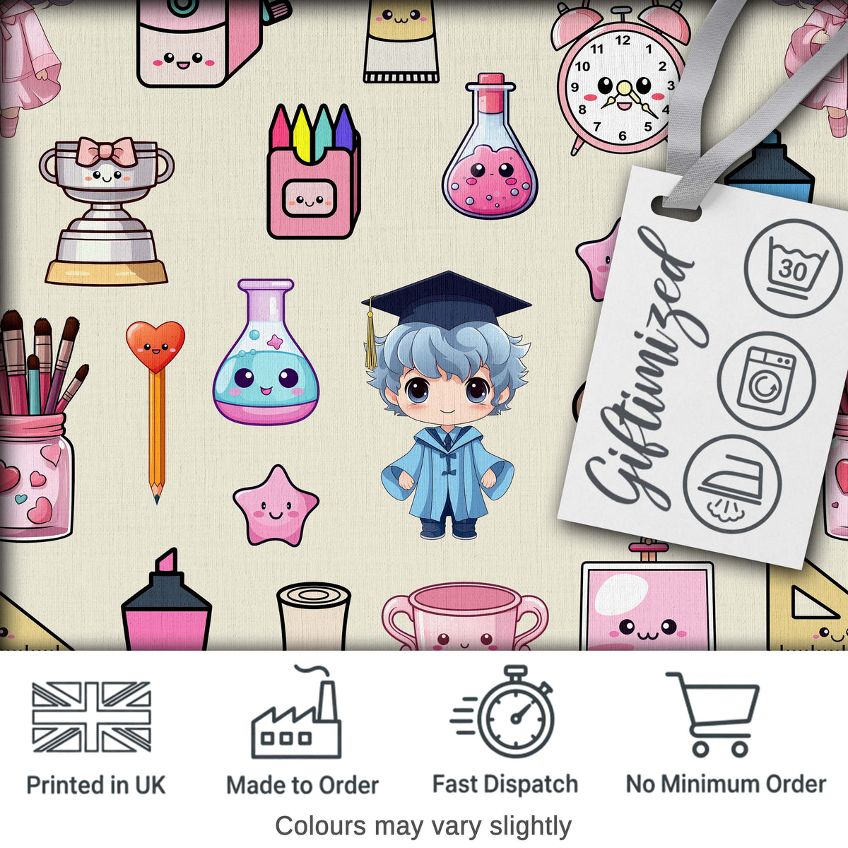 Cute Kawaii Graduation Student Art Supplies Neutral Seamless Pattern Digital Print Fabric by the Metre UK Sewing Quilting Textile