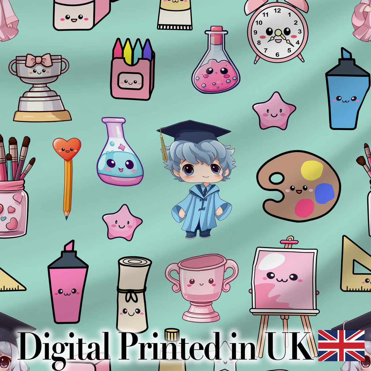 Cute Kawaii Graduation Student Art Supplies Seamless Pattern Digital Print Fabric by the Metre UK Sewing Quilting Textile