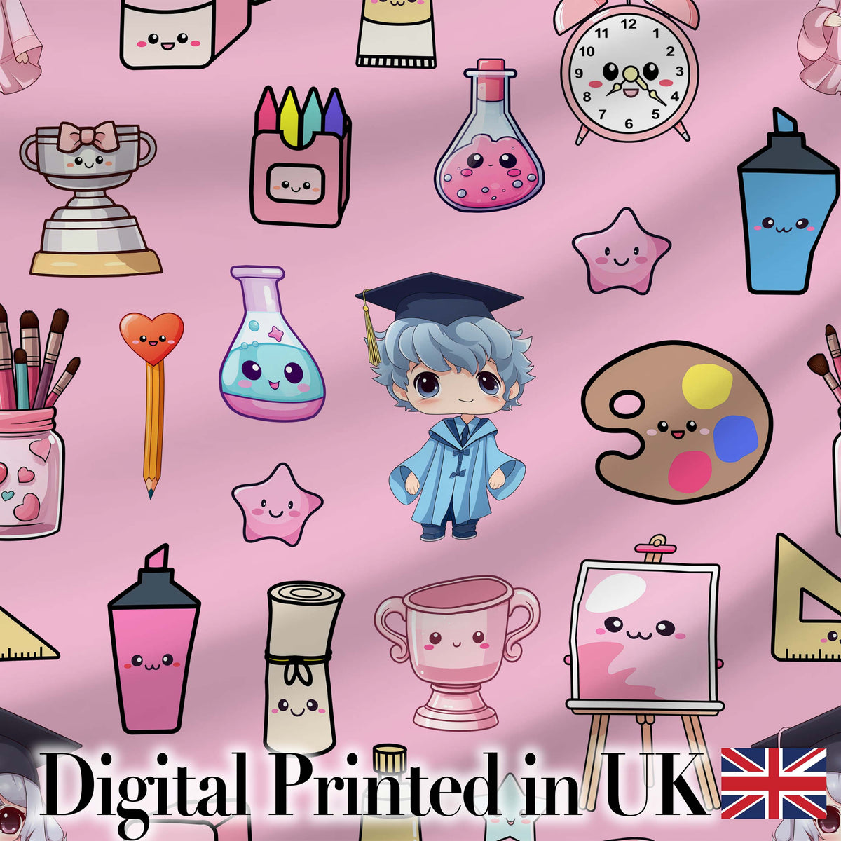 Cute Kawaii Graduation Student Art Supplies Blush Seamless Pattern Digital Print Fabric by the Metre UK Sewing Quilting Textile