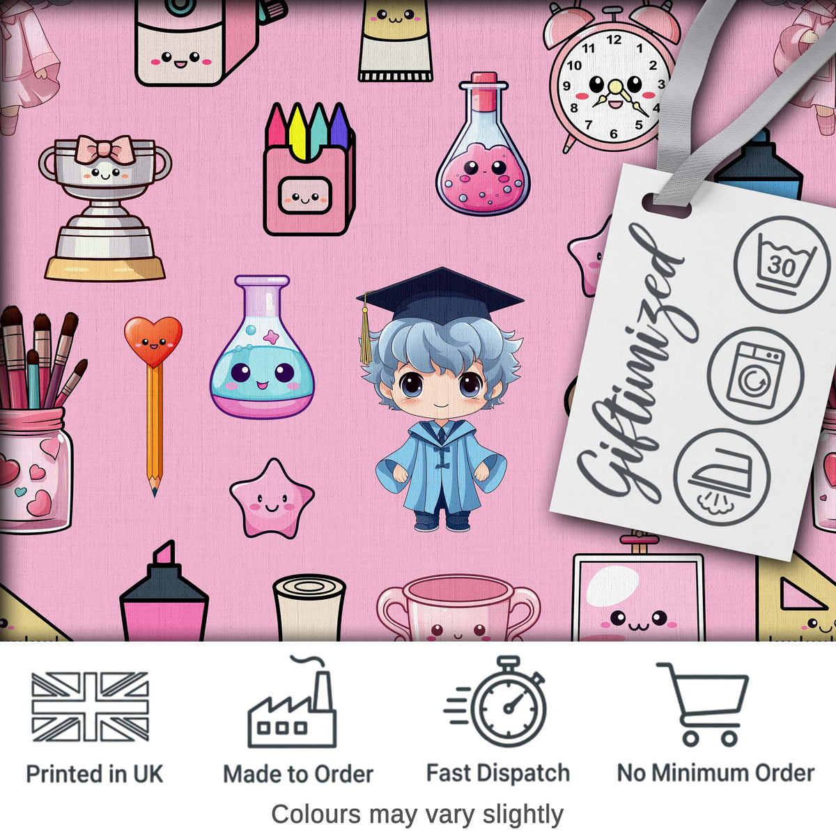 Cute Kawaii Graduation Student Art Supplies Blush Seamless Pattern Digital Print Fabric by the Metre UK Sewing Quilting Textile