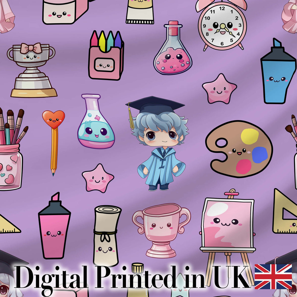 Cute Kawaii Graduation Student Art Supplies Purple Seamless Pattern Digital Print Fabric by the Metre UK Sewing Quilting Textile