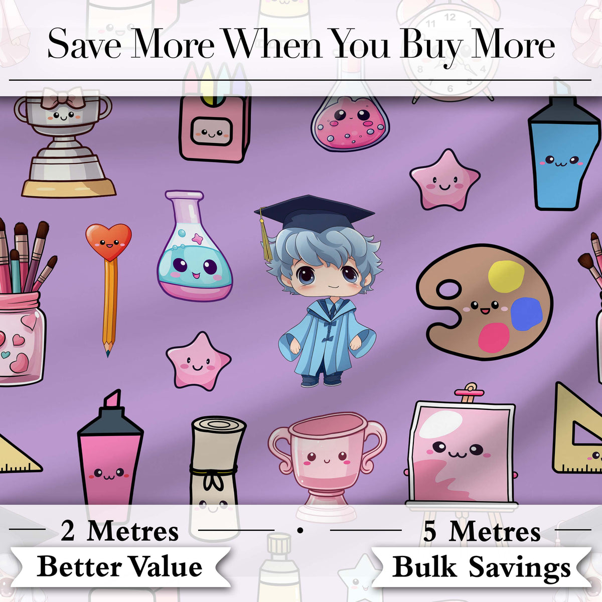 Cute Kawaii Graduation Student Art Supplies Purple Seamless Pattern Digital Print Fabric by the Metre UK Sewing Quilting Textile