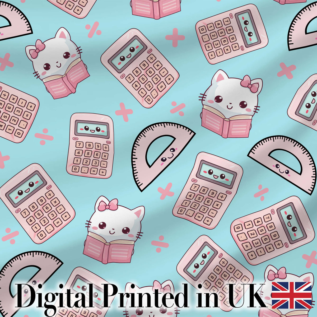 Cute Kawaii Maths Cat Calculator Ruler Blue Seamless Pattern Digital Print Fabric by the Metre UK Sewing Quilting Textile