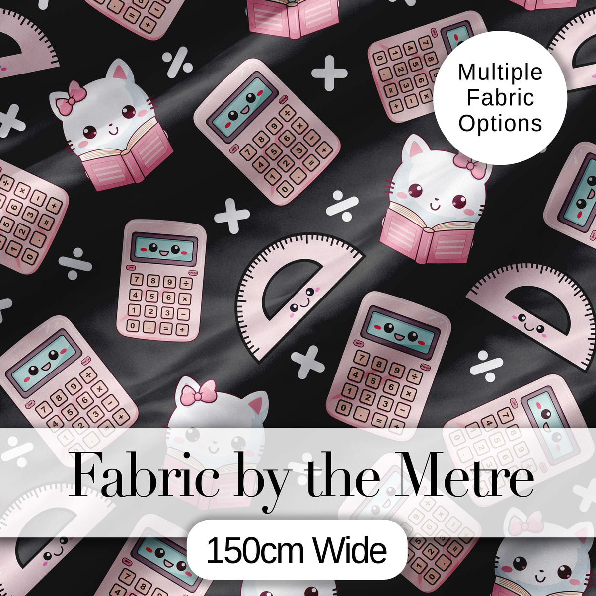 Cute Kawaii Maths Cat Calculator Ruler Dark Seamless Pattern Digital Print Fabric by the Metre UK Sewing Quilting Textile
