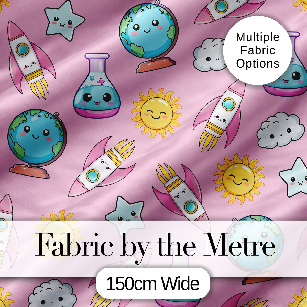 Cute Kawaii Space Rocket Globe Sun Star Pink Seamless Pattern Digital Print Fabric by the Metre UK Sewing Quilting Textile