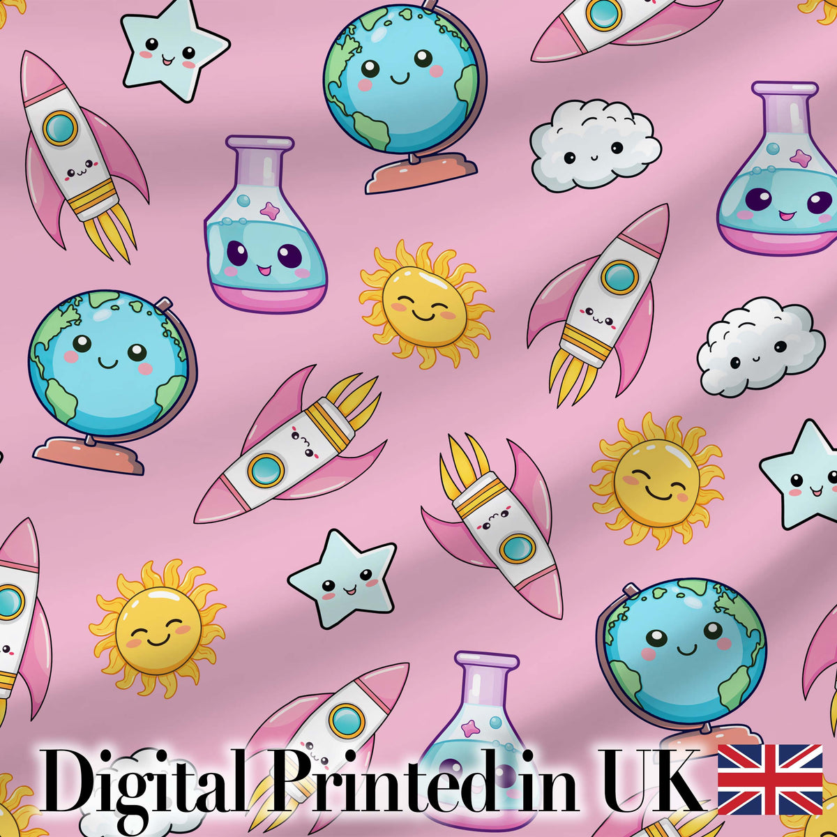 Cute Kawaii Space Rocket Globe Sun Star Pink Seamless Pattern Digital Print Fabric by the Metre UK Sewing Quilting Textile