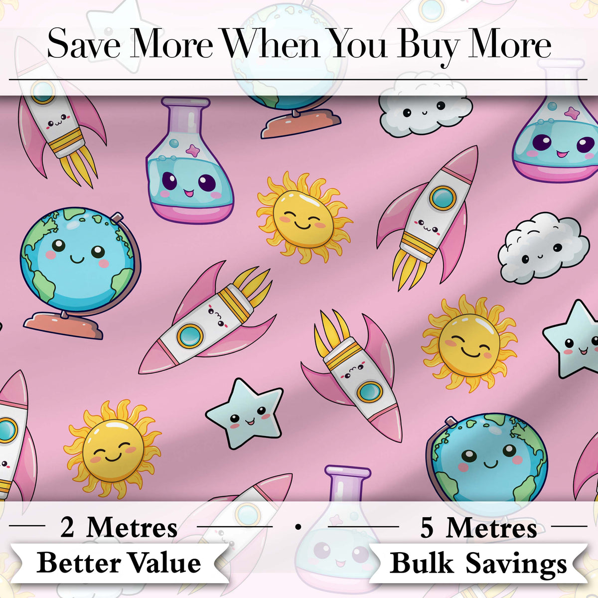 Cute Kawaii Space Rocket Globe Sun Star Pink Seamless Pattern Digital Print Fabric by the Metre UK Sewing Quilting Textile