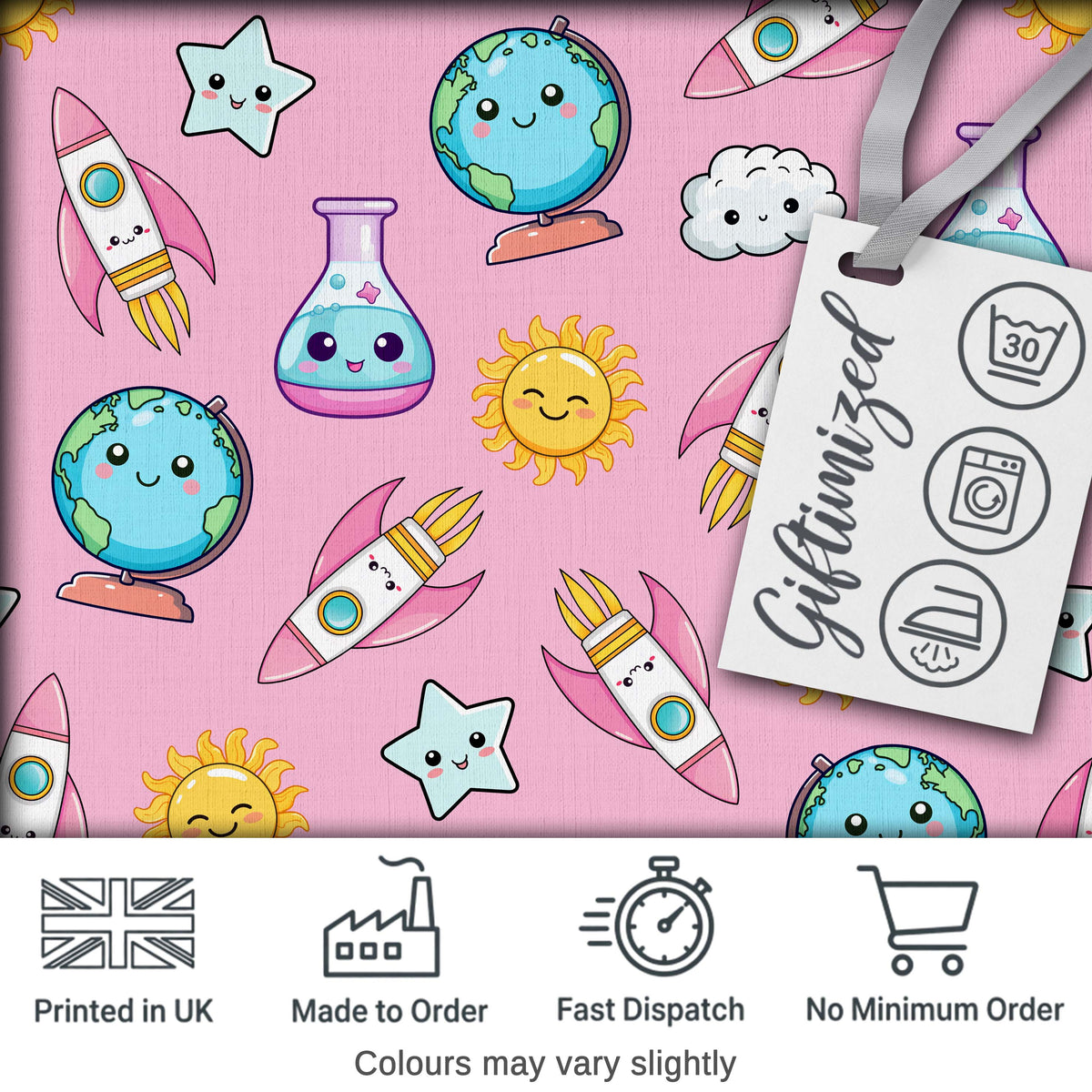 Cute Kawaii Space Rocket Globe Sun Star Pink Seamless Pattern Digital Print Fabric by the Metre UK Sewing Quilting Textile