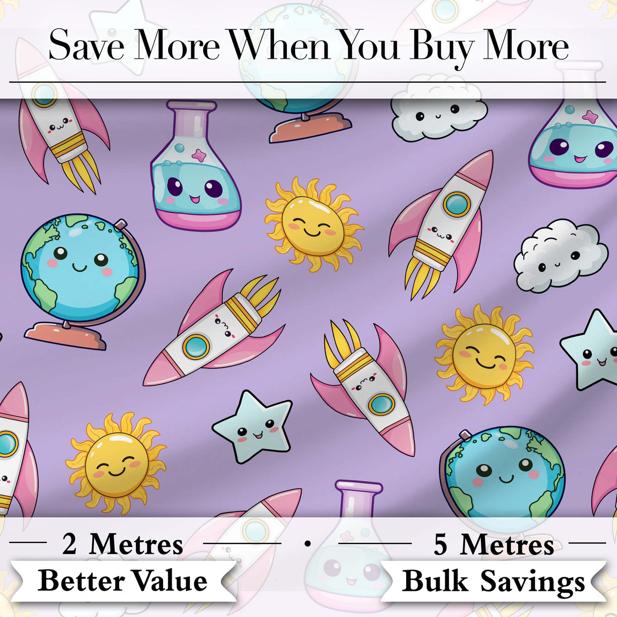Cute Kawaii Space Rocket Globe Sun Star Lilac Seamless Pattern Digital Print Fabric by the Metre UK Sewing Quilting Textile