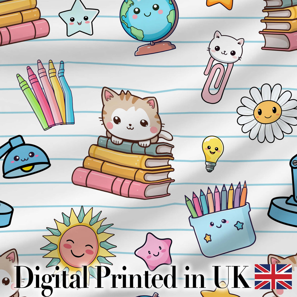 Cute Kawaii School Cat Books Crayons Stationery Seamless Pattern Digital Print Fabric by the Metre UK Sewing Quilting Textile