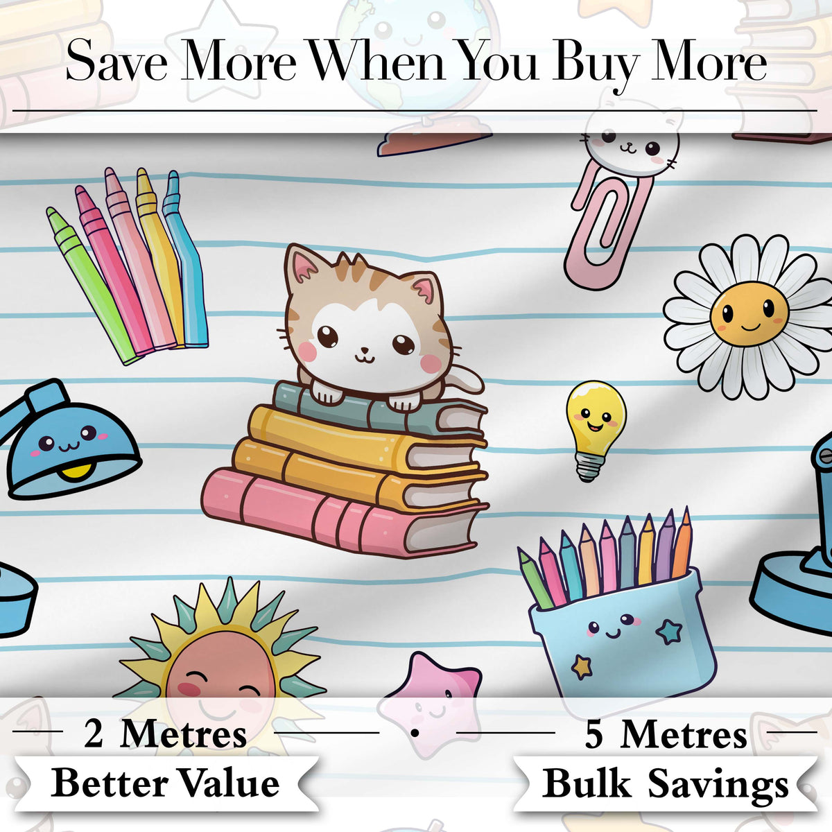 Cute Kawaii School Cat Books Crayons Stationery Seamless Pattern Digital Print Fabric by the Metre UK Sewing Quilting Textile