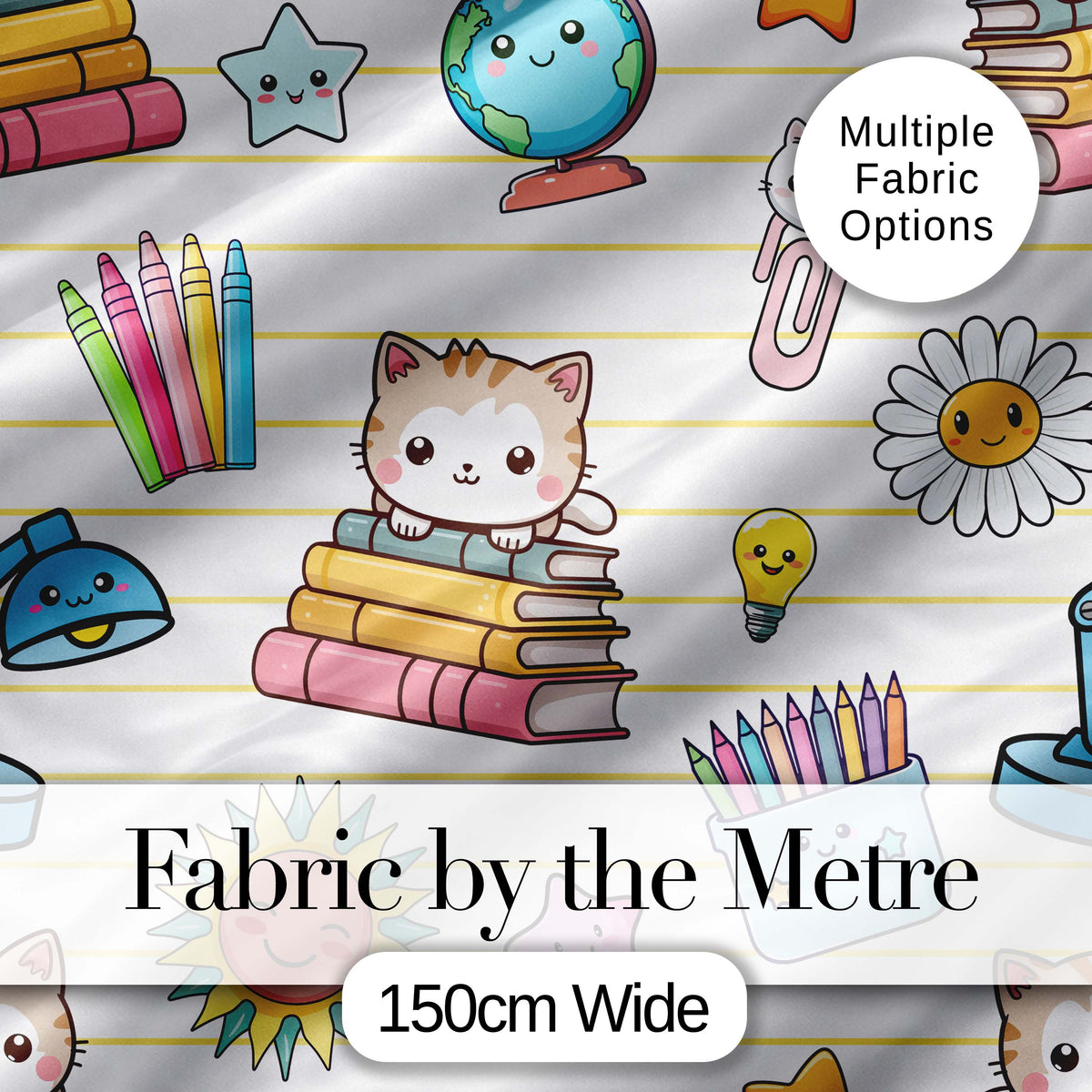Cute Kawaii School Cat Books Crayons Yellow Lines Seamless Pattern Digital Print Fabric by the Metre UK Sewing Quilting Textile