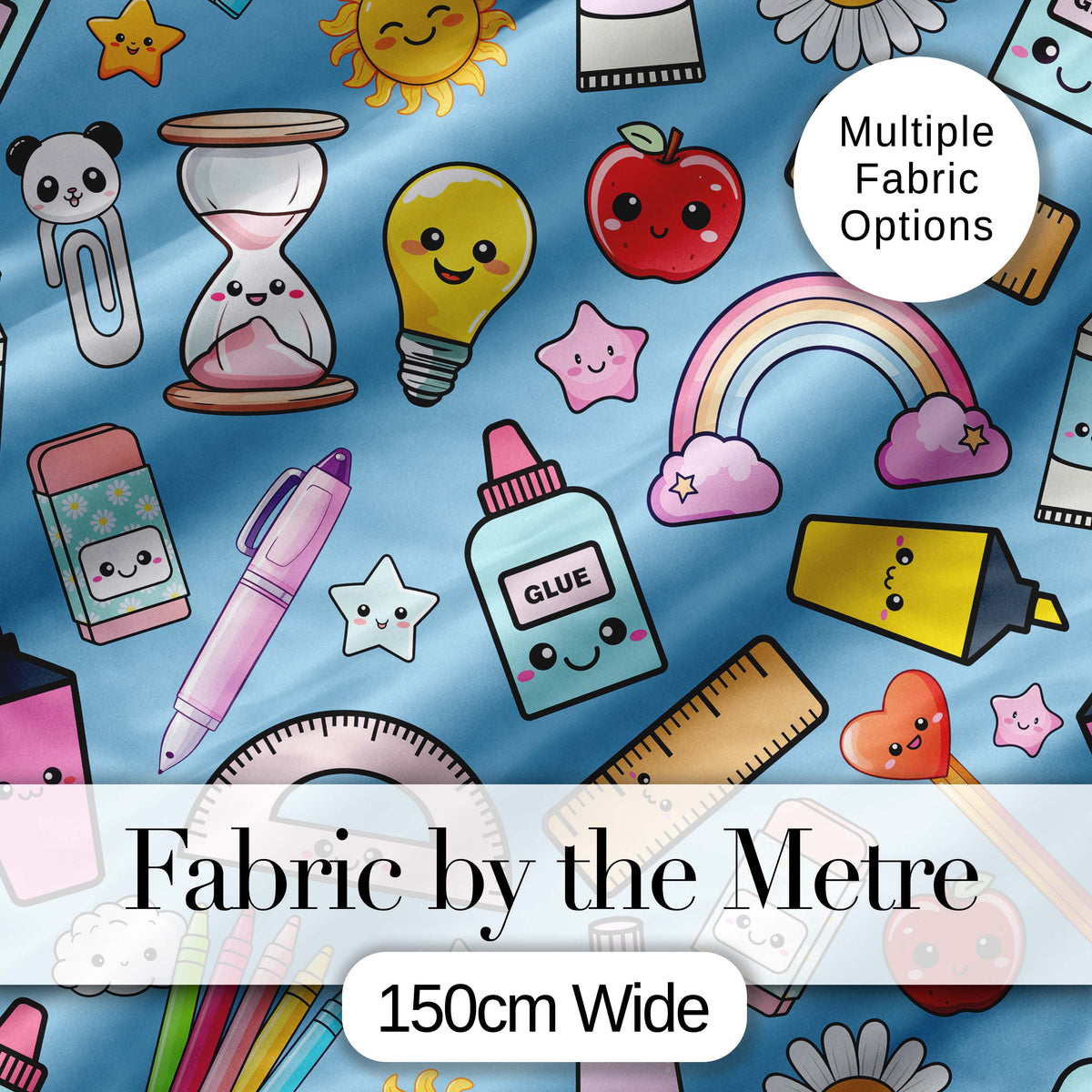 Cute Kawaii School Supplies Rainbow Apple Glue Blue Seamless Pattern Digital Print Fabric by the Metre UK Sewing Quilting Textile