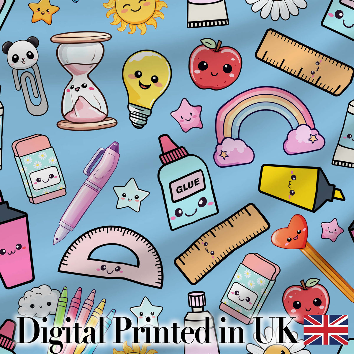 Cute Kawaii School Supplies Rainbow Apple Glue Blue Seamless Pattern Digital Print Fabric by the Metre UK Sewing Quilting Textile