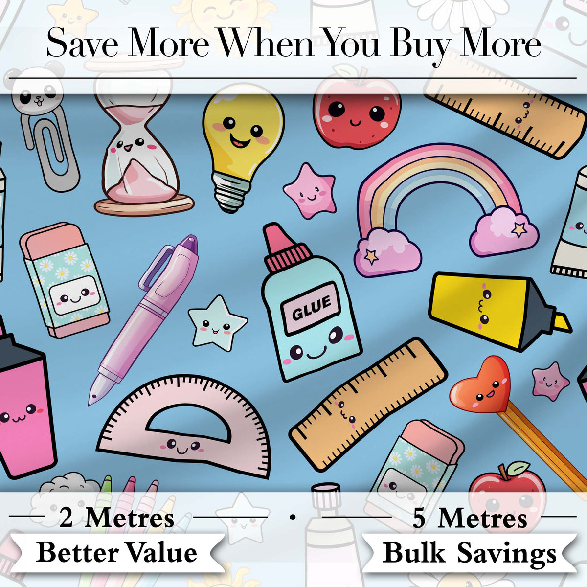 Cute Kawaii School Supplies Rainbow Apple Glue Blue Seamless Pattern Digital Print Fabric by the Metre UK Sewing Quilting Textile