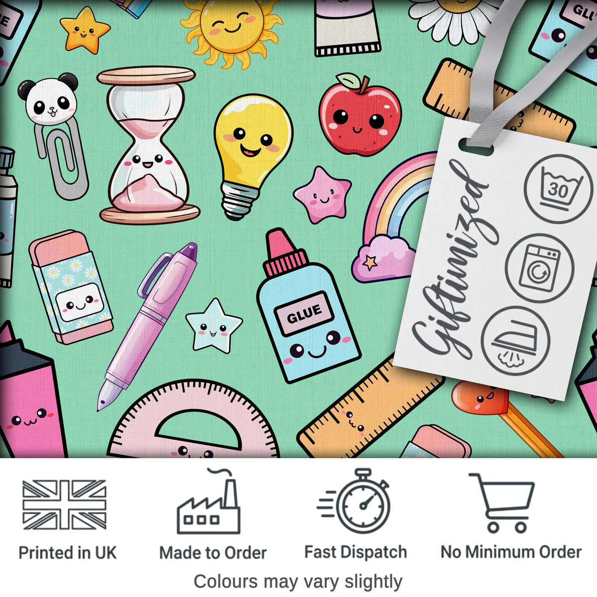 Cute Kawaii School Supplies Rainbow Apple Glue Green Seamless Pattern Digital Print Fabric by the Metre UK Sewing Quilting Textile