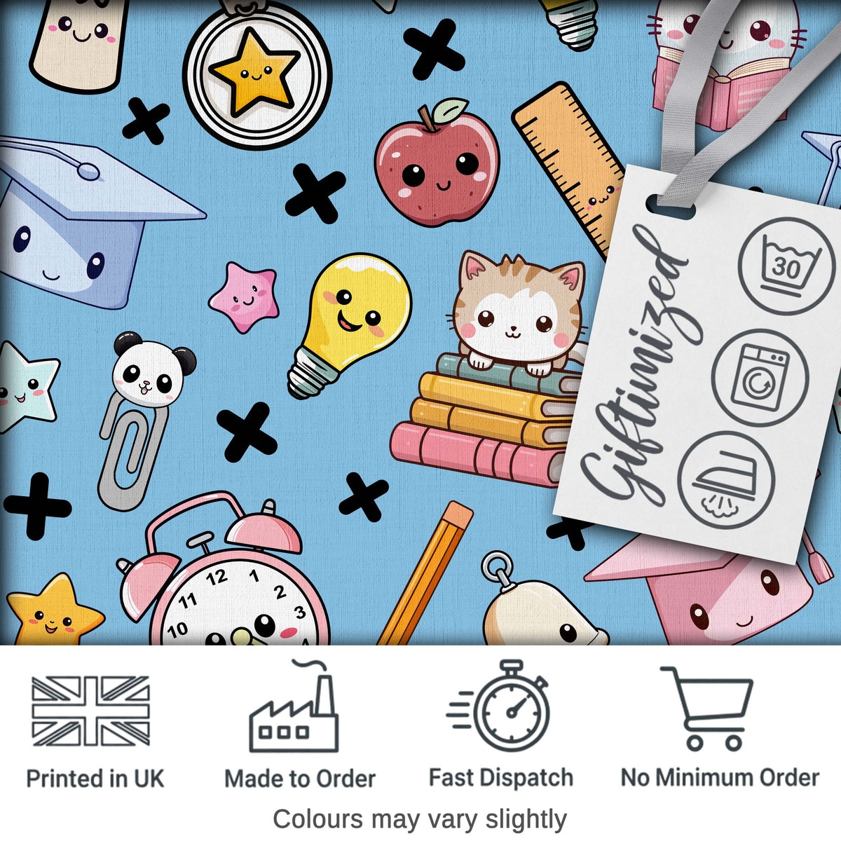 Cute Kawaii School Supplies Cat Books Clock Pencil Blue Seamless Pattern Digital Print Fabric by the Metre UK Sewing Quilting Textile