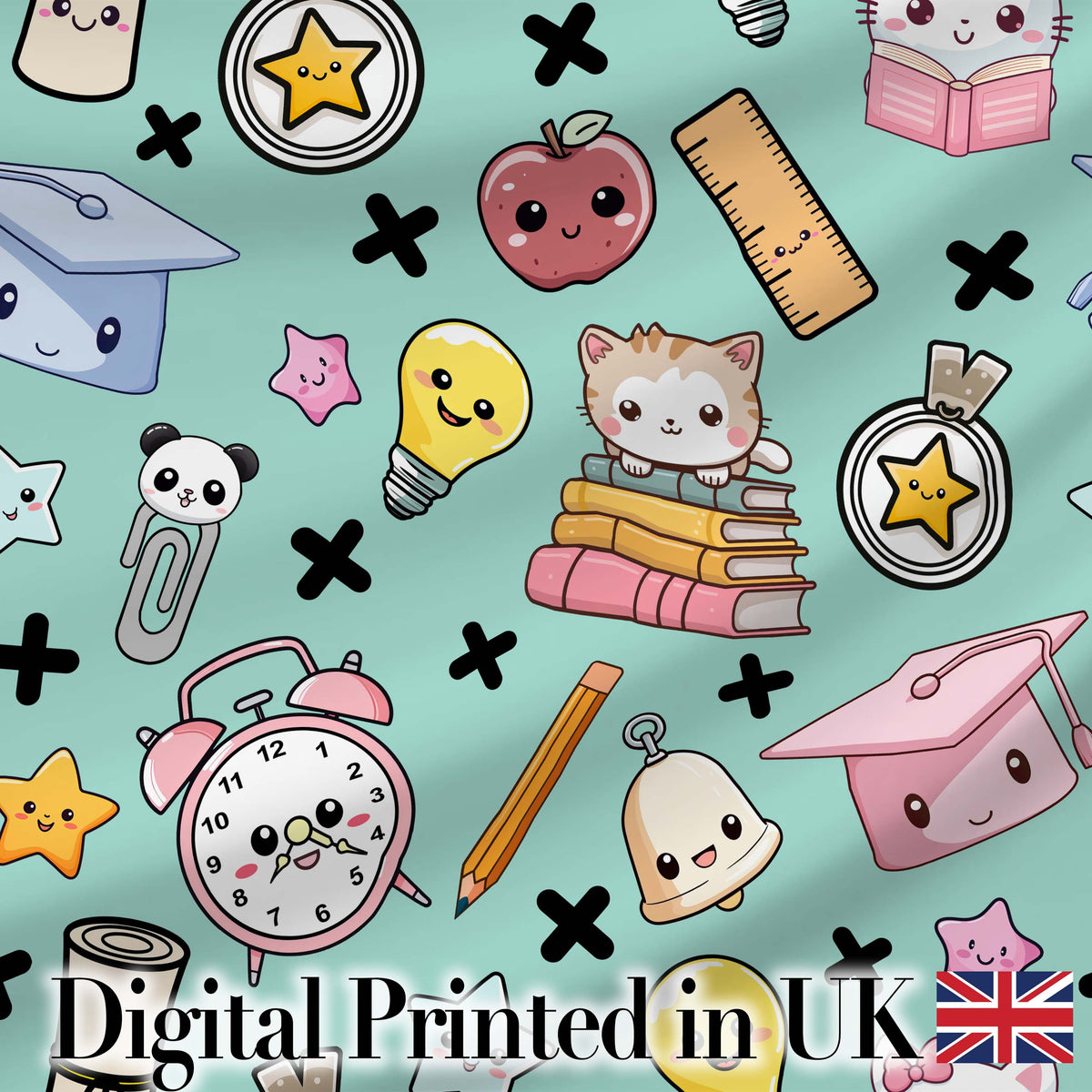 Cute Kawaii School Supplies Cat Books Clock Pencil Green Seamless Pattern Digital Print Fabric by the Metre UK Sewing Quilting Textile