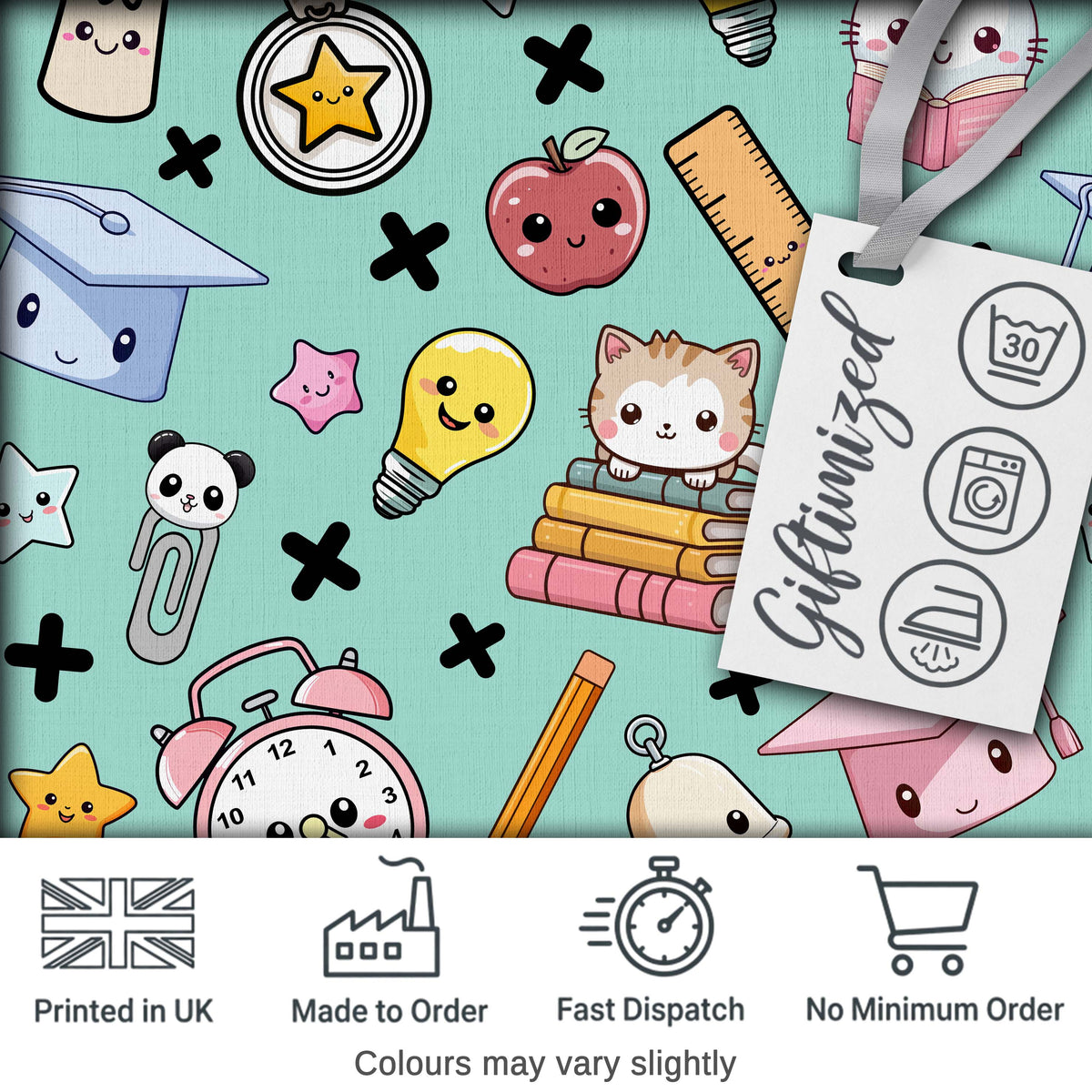 Cute Kawaii School Supplies Cat Books Clock Pencil Green Seamless Pattern Digital Print Fabric by the Metre UK Sewing Quilting Textile
