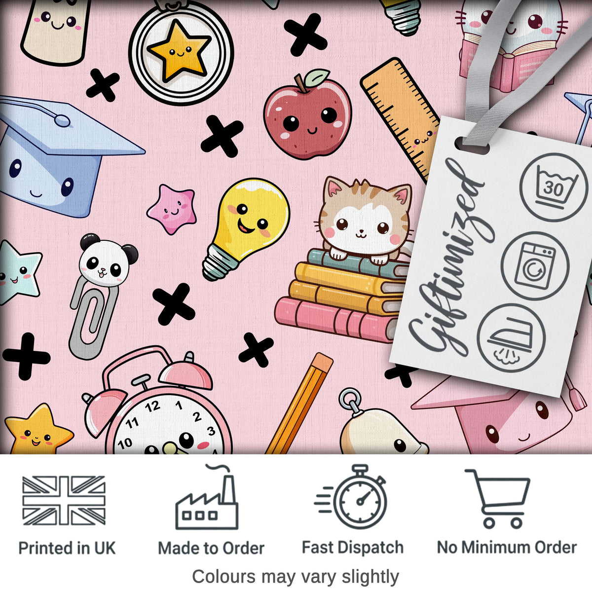 Cute Kawaii School Supplies Cat Books Clock Pencil Pink Seamless Pattern Digital Print Fabric by the Metre UK Sewing Quilting Textile
