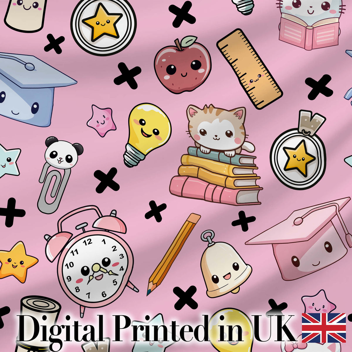 Cute Kawaii School Cat Books Apple Clock Bell Pencil Seamless Pattern Digital Print Fabric by the Metre UK Sewing Quilting Textile