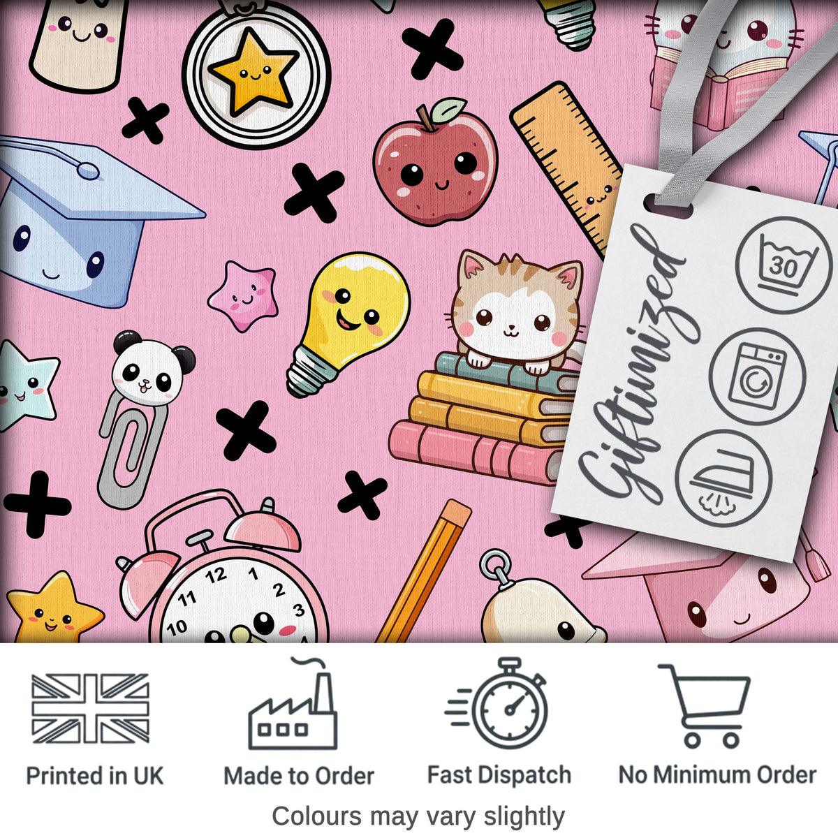 Cute Kawaii School Cat Books Apple Clock Bell Pencil Seamless Pattern Digital Print Fabric by the Metre UK Sewing Quilting Textile