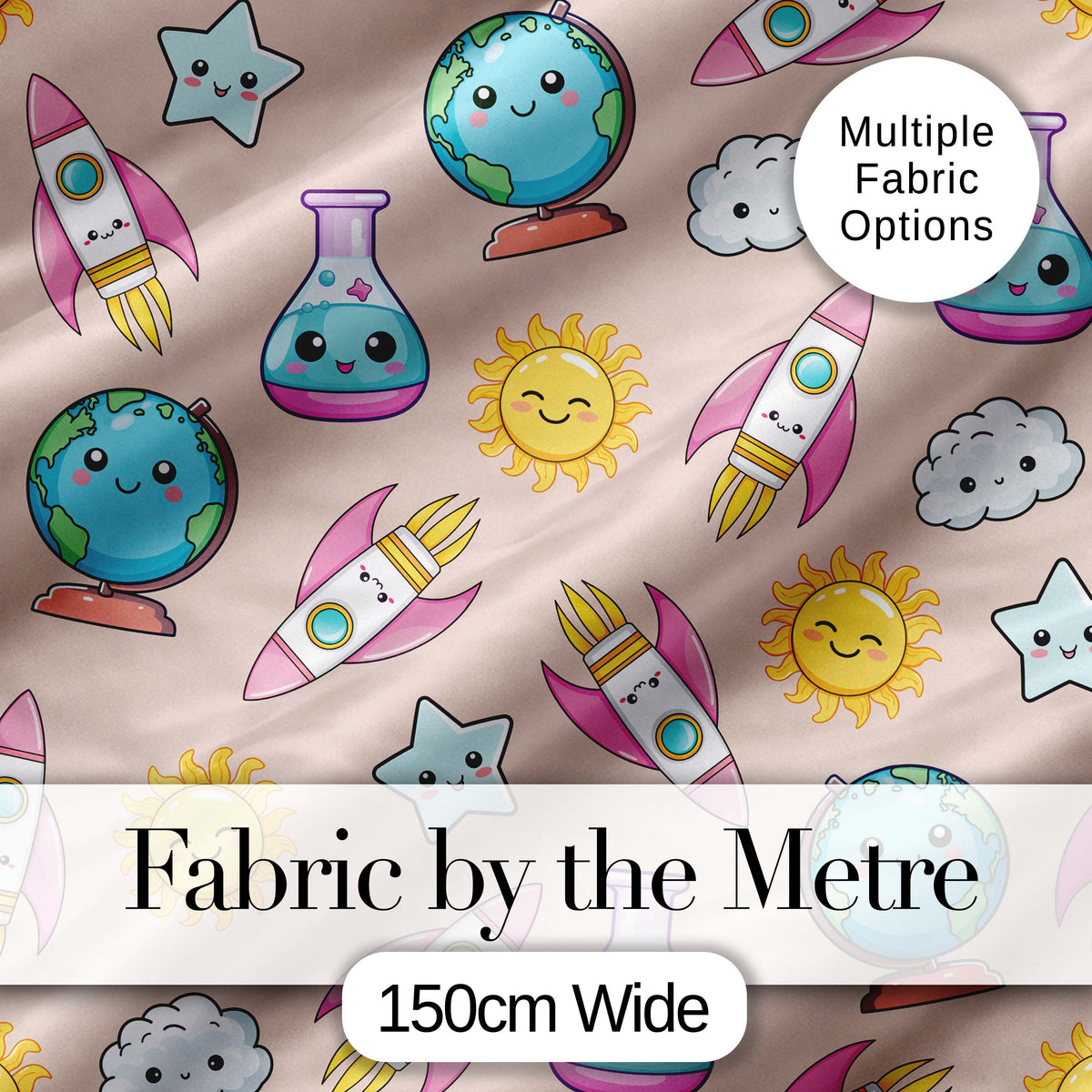 Cute Kawaii Space Rocket Planet Globe Sun Star Seamless Pattern Digital Print Fabric by the Metre UK Sewing Quilting Textile