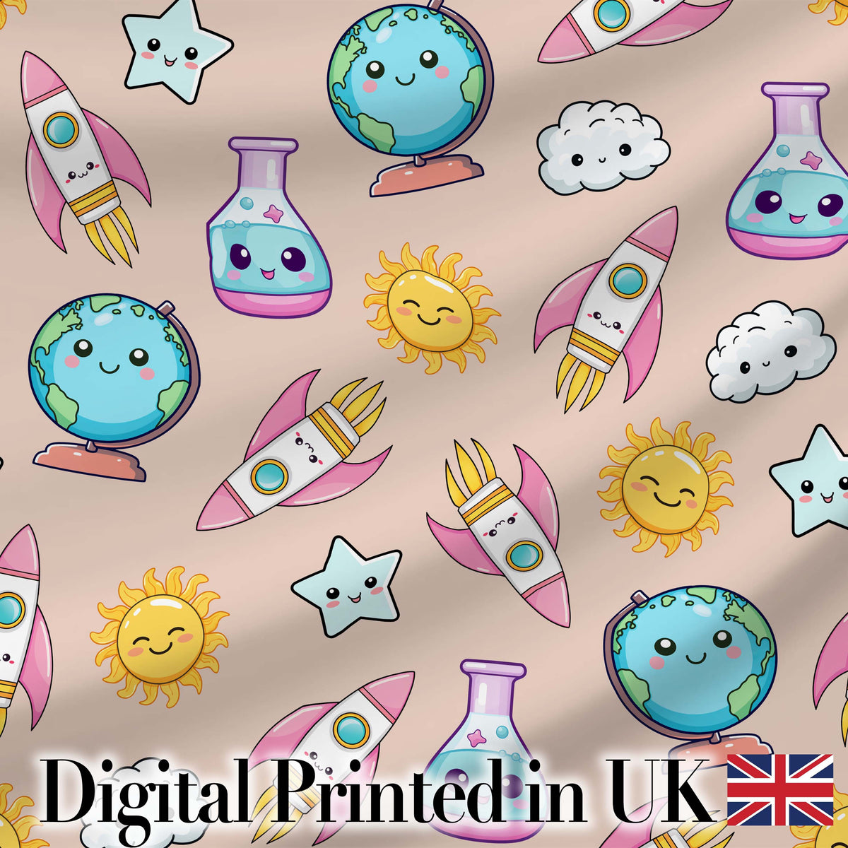 Cute Kawaii Space Rocket Planet Globe Sun Star Seamless Pattern Digital Print Fabric by the Metre UK Sewing Quilting Textile