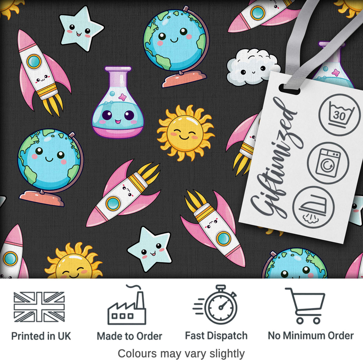 Cute Kawaii Space Rocket Planet Globe Sun Star Dark Seamless Pattern Digital Print Fabric by the Metre UK Sewing Quilting Textile