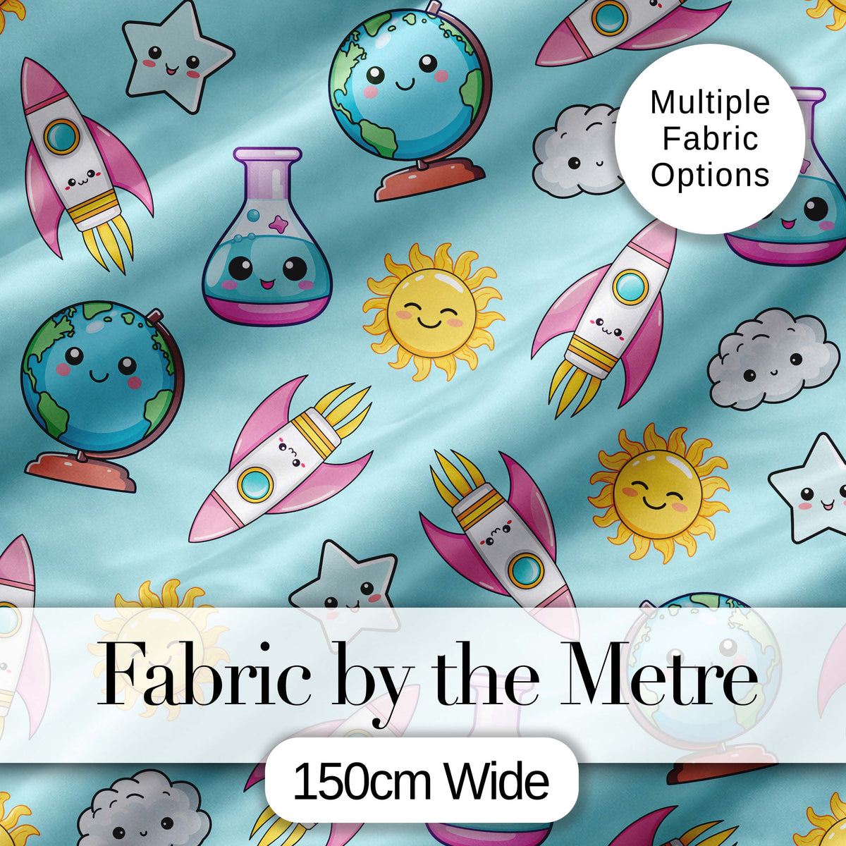 Cute Kawaii Space Rockets Planets Globes Suns Stars Blue Seamless Pattern Digital Print Fabric by the Metre UK Sewing Quilting Textile