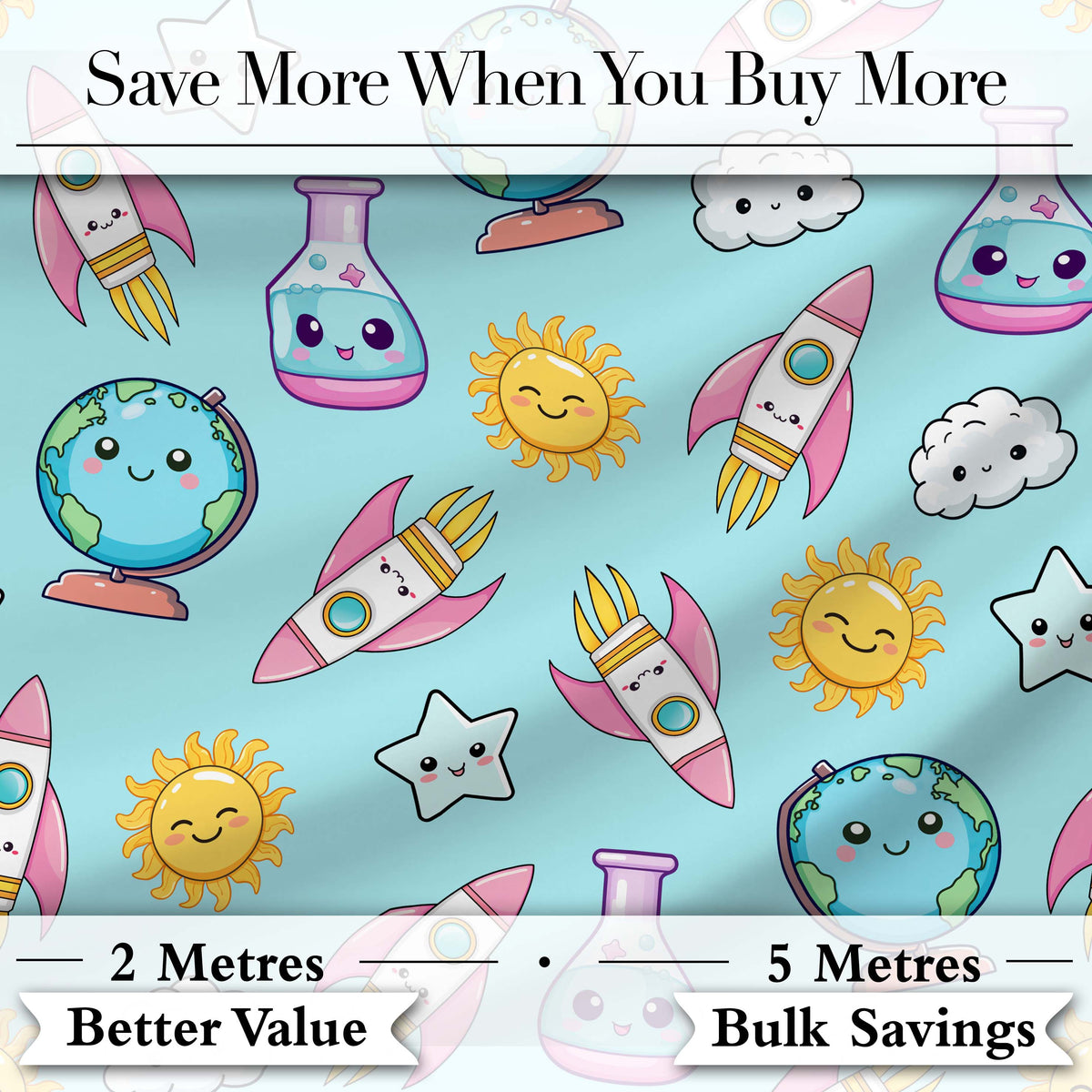 Cute Kawaii Space Rockets Planets Globes Suns Stars Blue Seamless Pattern Digital Print Fabric by the Metre UK Sewing Quilting Textile