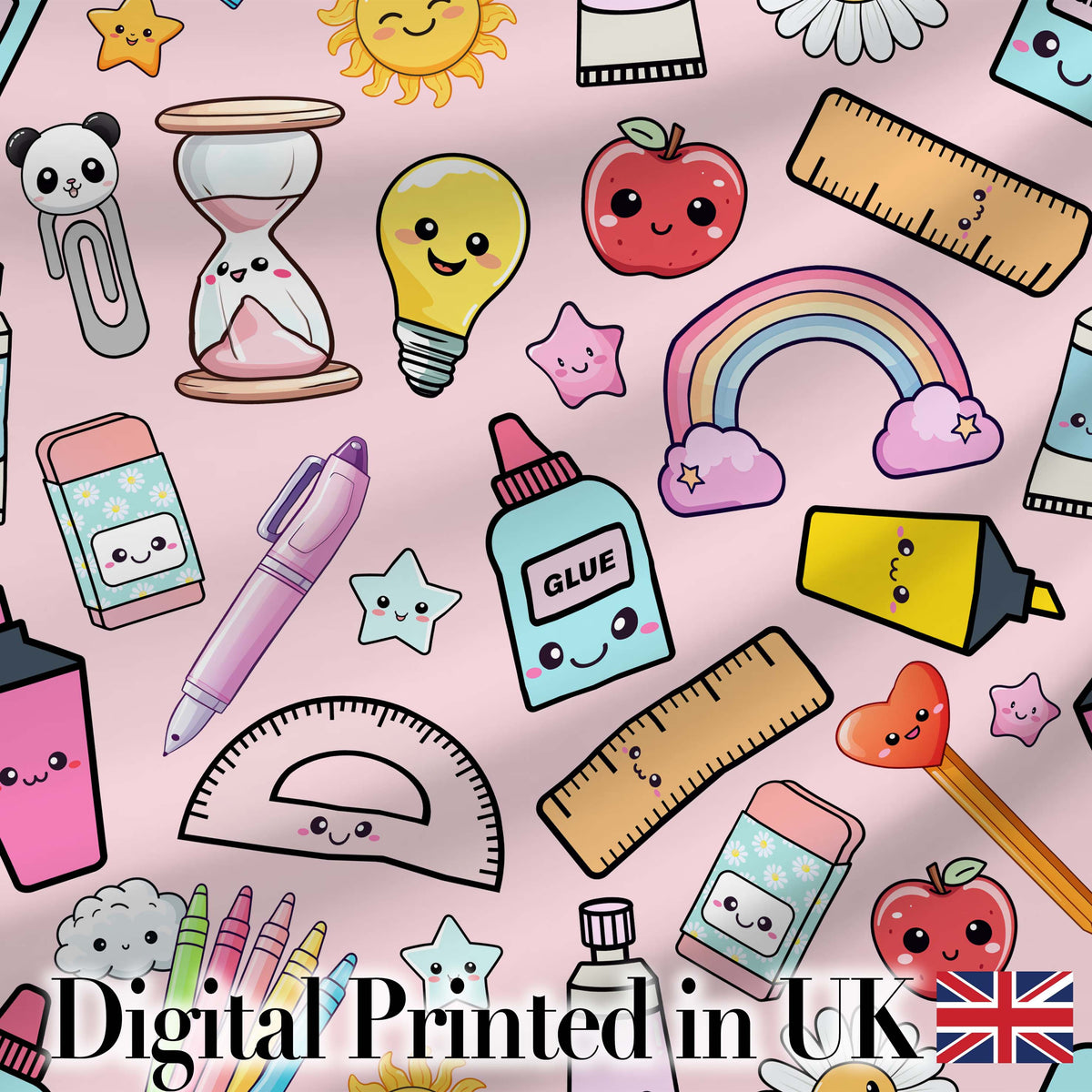 School Supplies Pink Background Rainbow Apple Glue Pen Ruler Seamless Pattern Digital Print Fabric by the Metre UK Sewing Quilting Textile