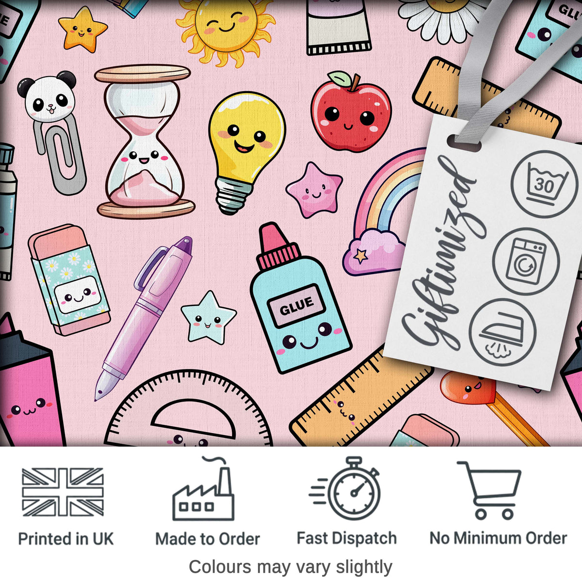 School Supplies Pink Background Rainbow Apple Glue Pen Ruler Seamless Pattern Digital Print Fabric by the Metre UK Sewing Quilting Textile