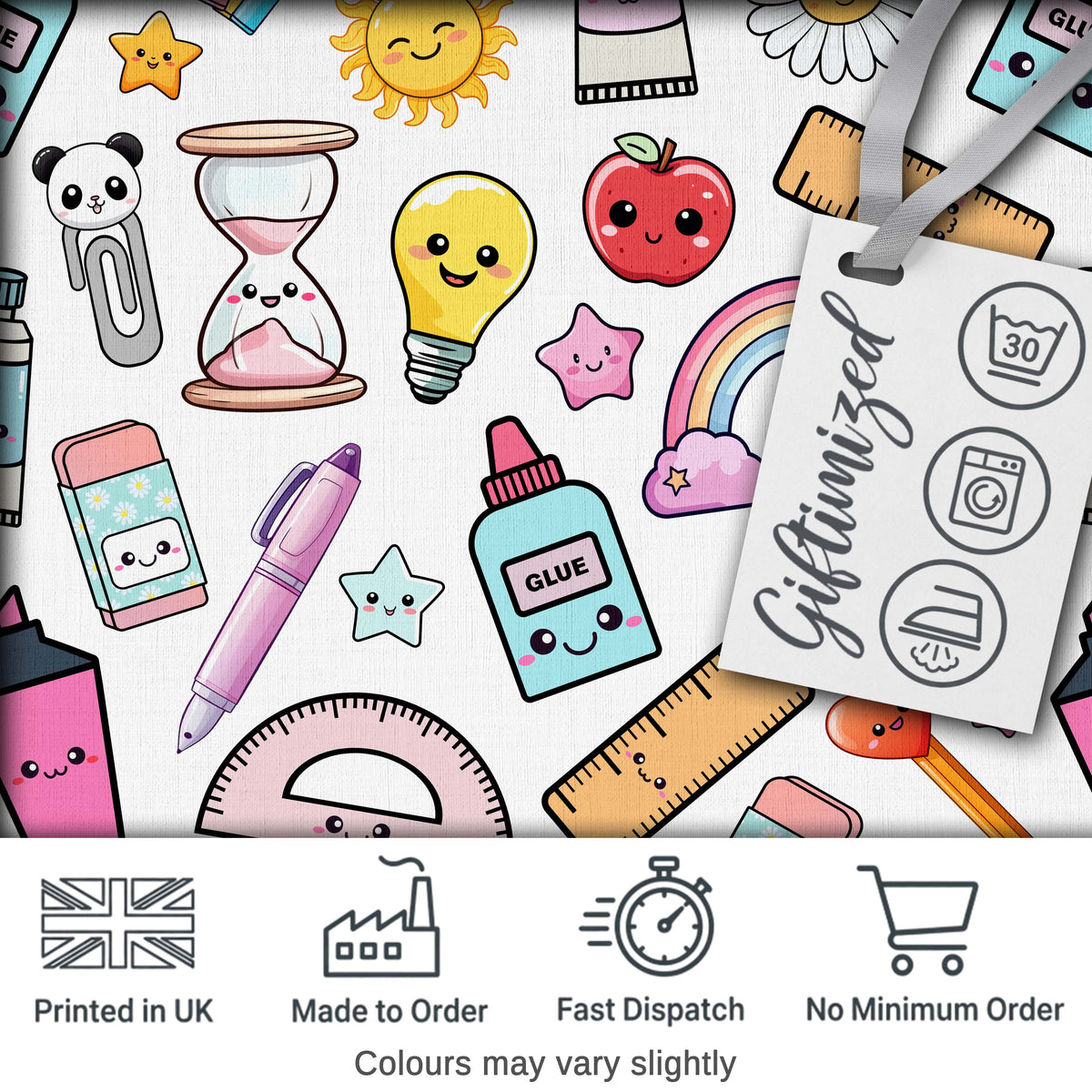 School Supplies Grey Background Rainbow Apple Glue Pen Ruler Seamless Pattern Digital Print Fabric by the Metre UK Sewing Quilting Textile