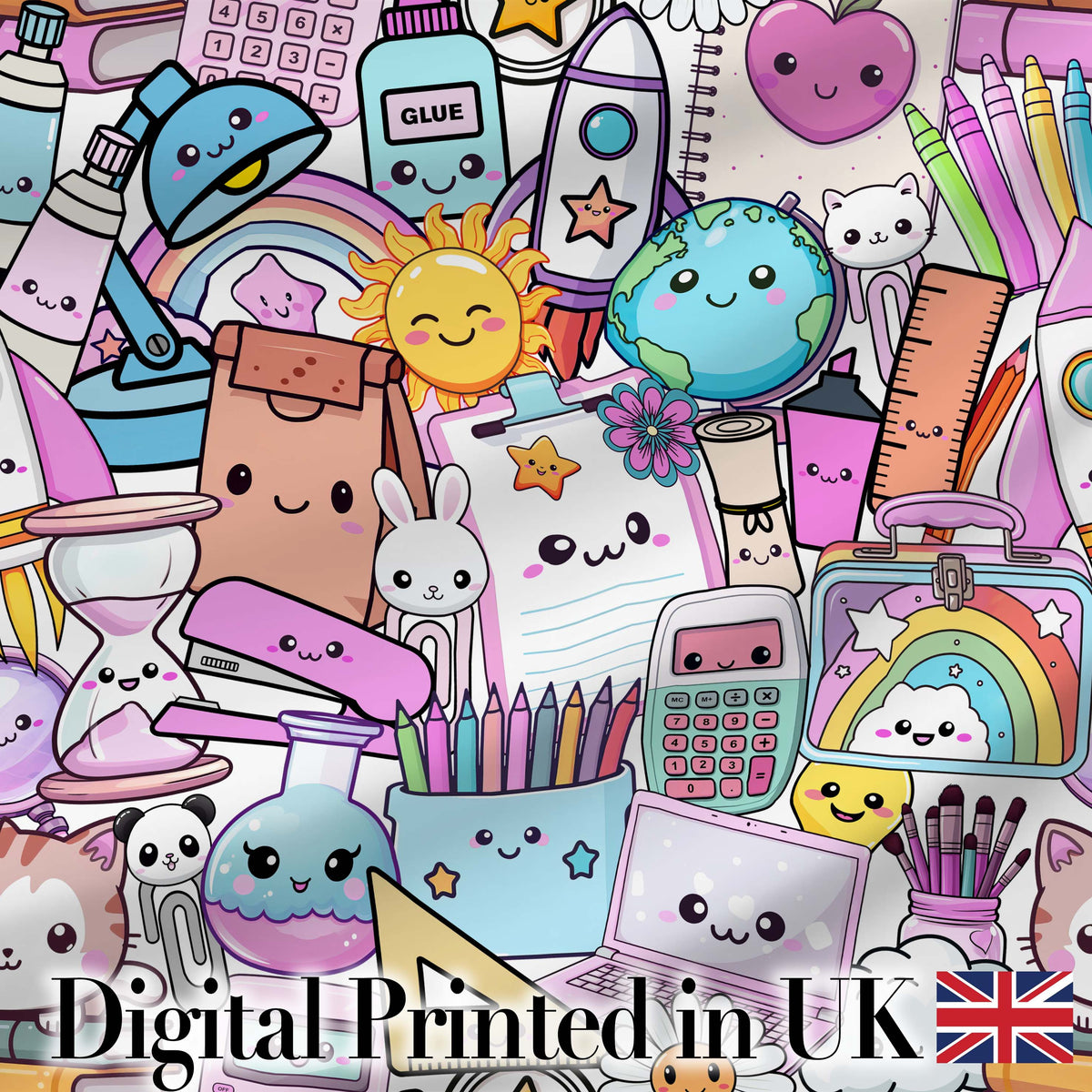 Pastel School Essentials Backpack Rocket Globe Clipboard Seamless Pattern Digital Print Fabric by the Metre UK Sewing Quilting Textile