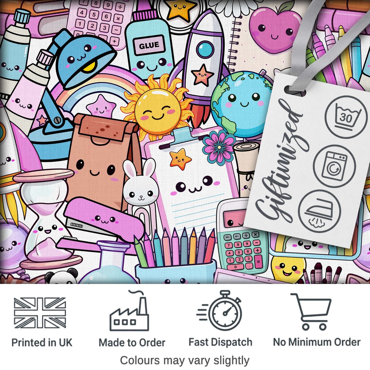 Pastel School Essentials Backpack Rocket Globe Clipboard Seamless Pattern Digital Print Fabric by the Metre UK Sewing Quilting Textile