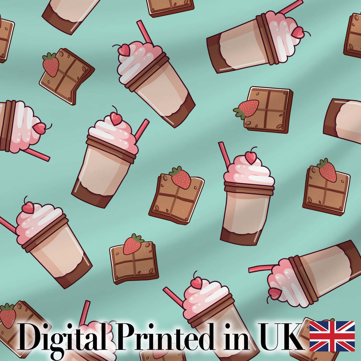 Cute Chocolate Milkshake Mint Background Sweet Drink Seamless Pattern Digital Print Fabric by the Metre UK Sewing Quilting Textile