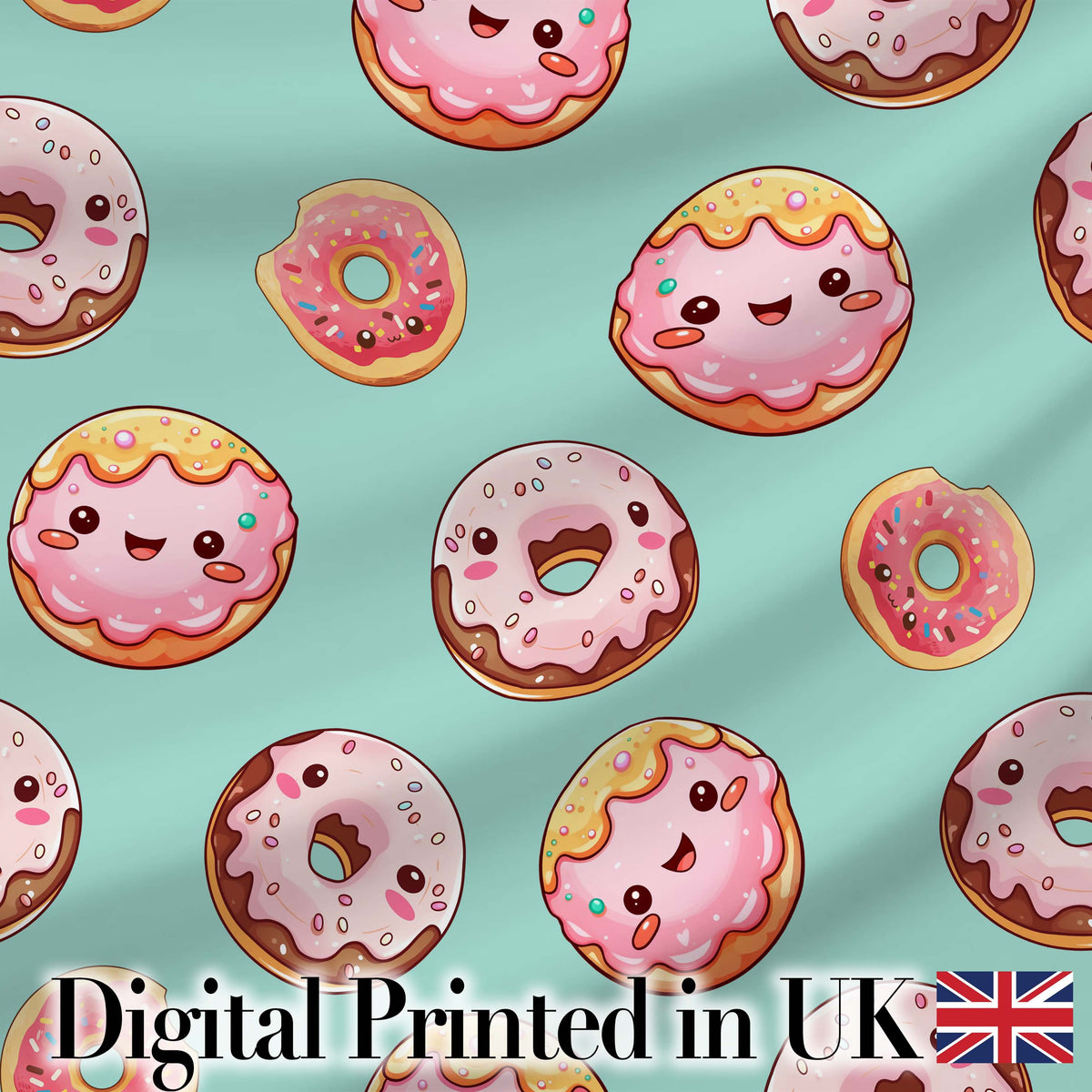 Cute Kawaii Donuts Mint Background Sweet Dessert Seamless Pattern Digital Print Fabric by the Metre UK Sewing Quilting Textile