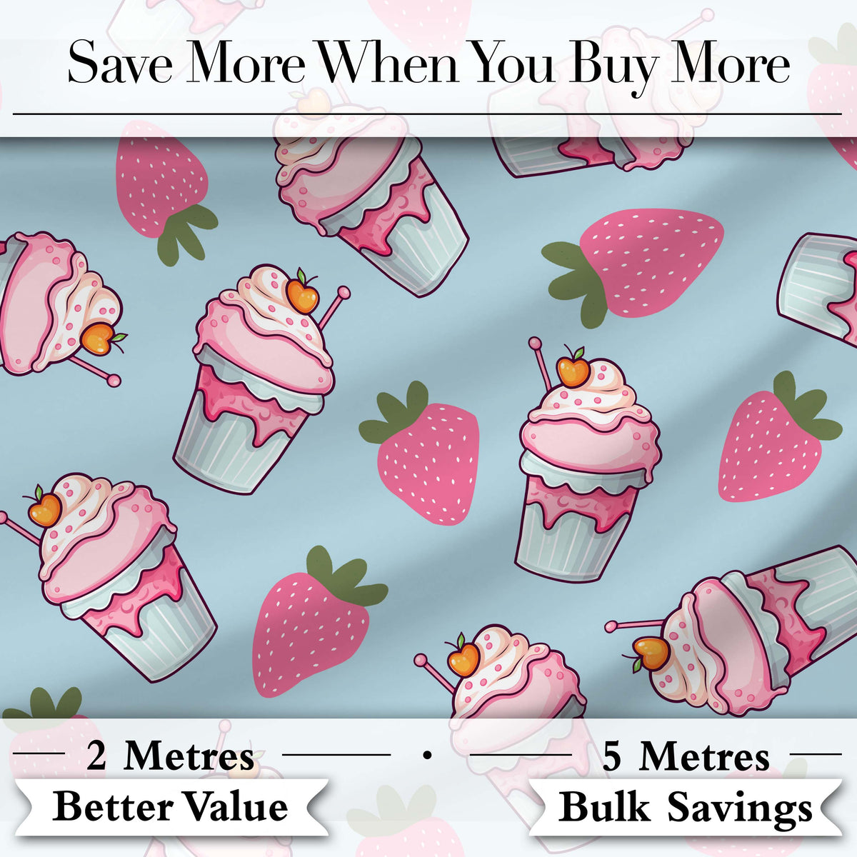 Cute Strawberry Milkshake Cupcake Dessert Seamless Pattern Digital Print Fabric by the Metre UK Sewing Quilting Textile