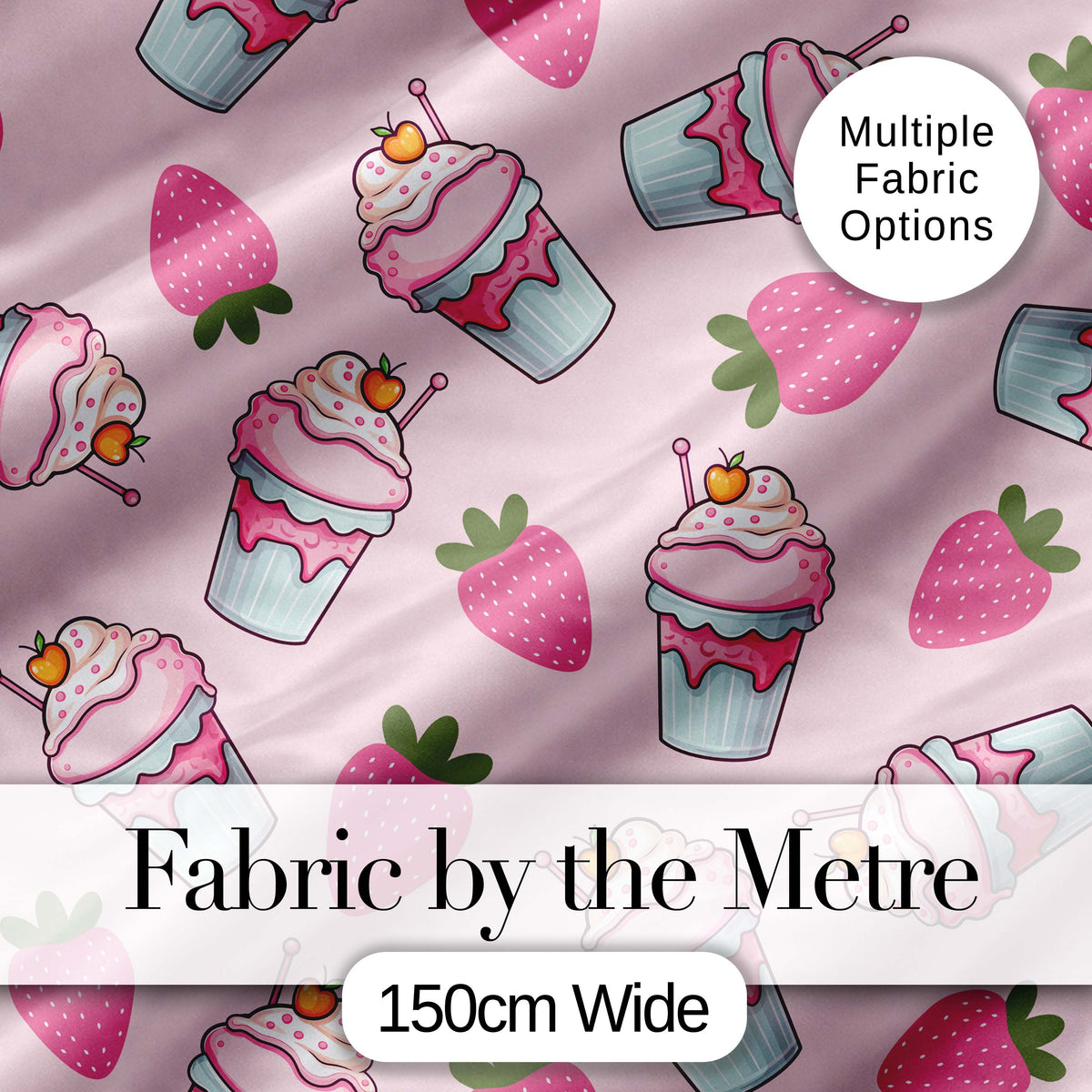 Cute Strawberry Milkshake Cupcake Blush Pink Background Seamless Pattern Digital Print Fabric by the Metre UK Sewing Quilting Textile