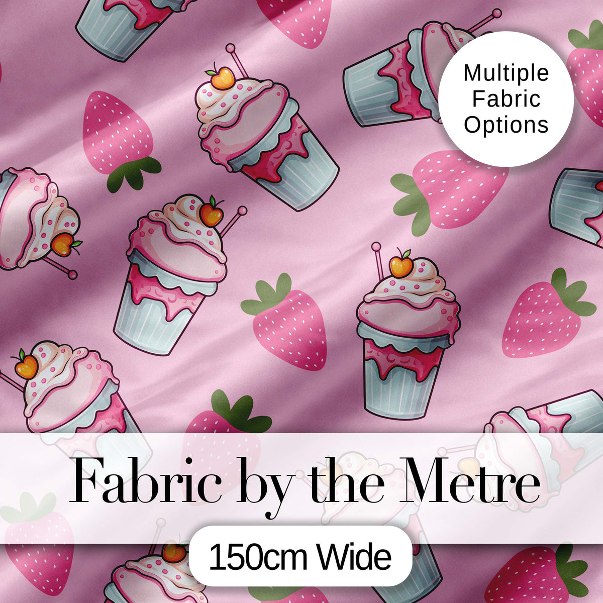 Cute Strawberry Milkshake Cupcake Soft Pink Background Seamless Pattern Digital Print Fabric by the Metre UK Sewing Quilting Textile
