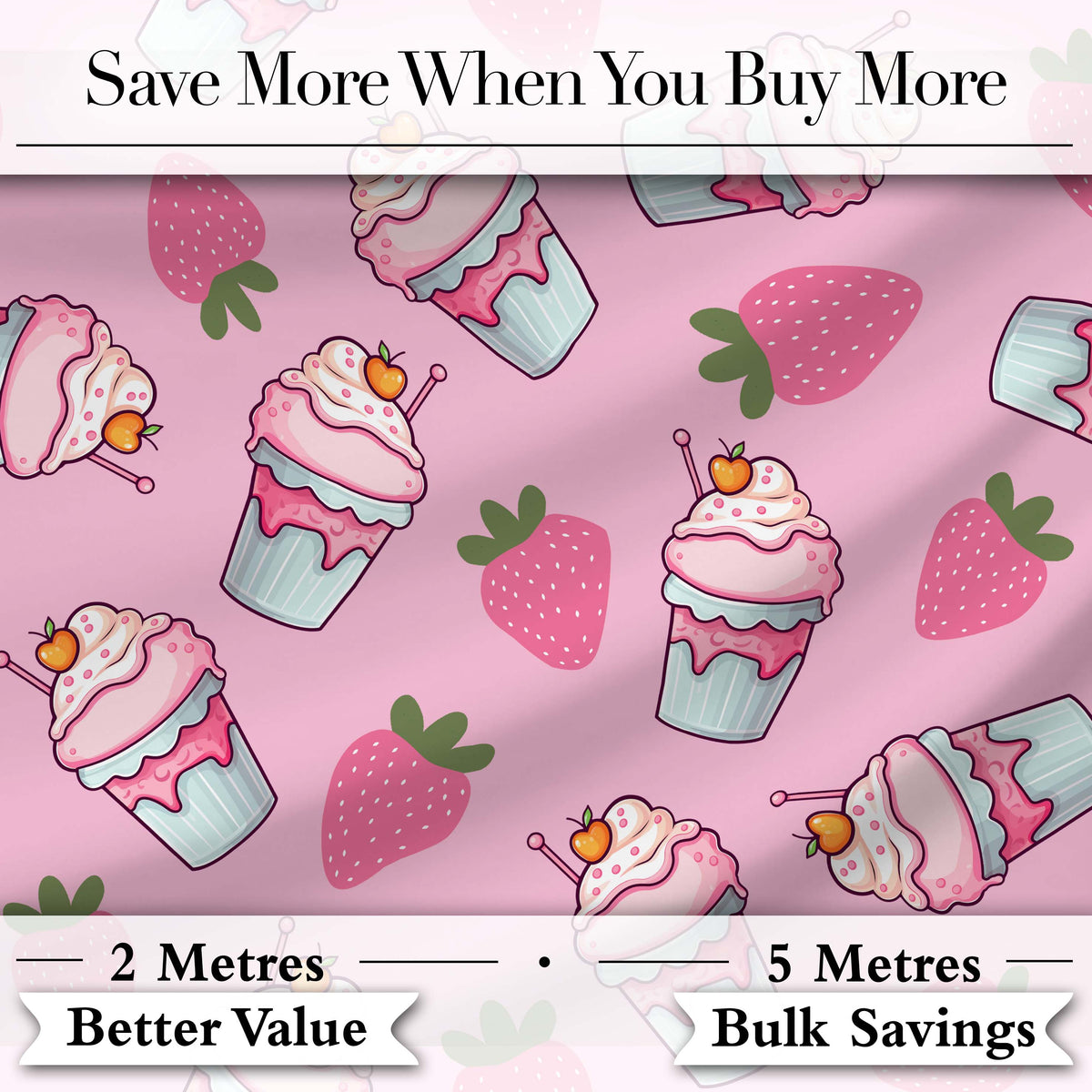 Cute Strawberry Milkshake Cupcake Soft Pink Background Seamless Pattern Digital Print Fabric by the Metre UK Sewing Quilting Textile