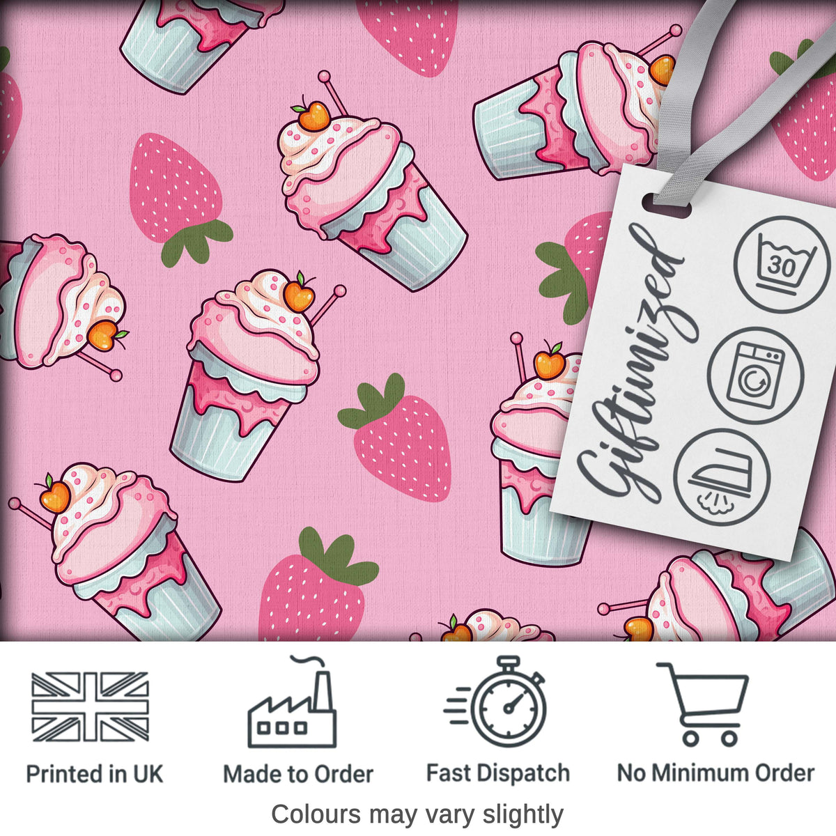 Cute Strawberry Milkshake Cupcake Soft Pink Background Seamless Pattern Digital Print Fabric by the Metre UK Sewing Quilting Textile