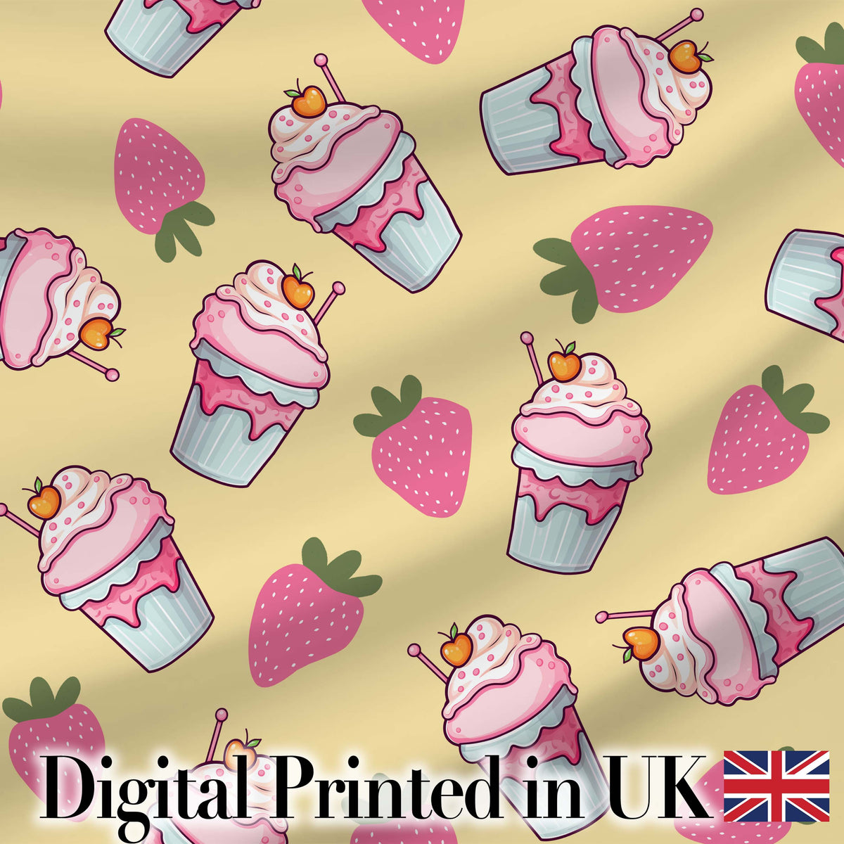 Cute Strawberry Milkshake Cupcake Yellow Background Seamless Pattern Digital Print Fabric by the Metre UK Sewing Quilting Textile