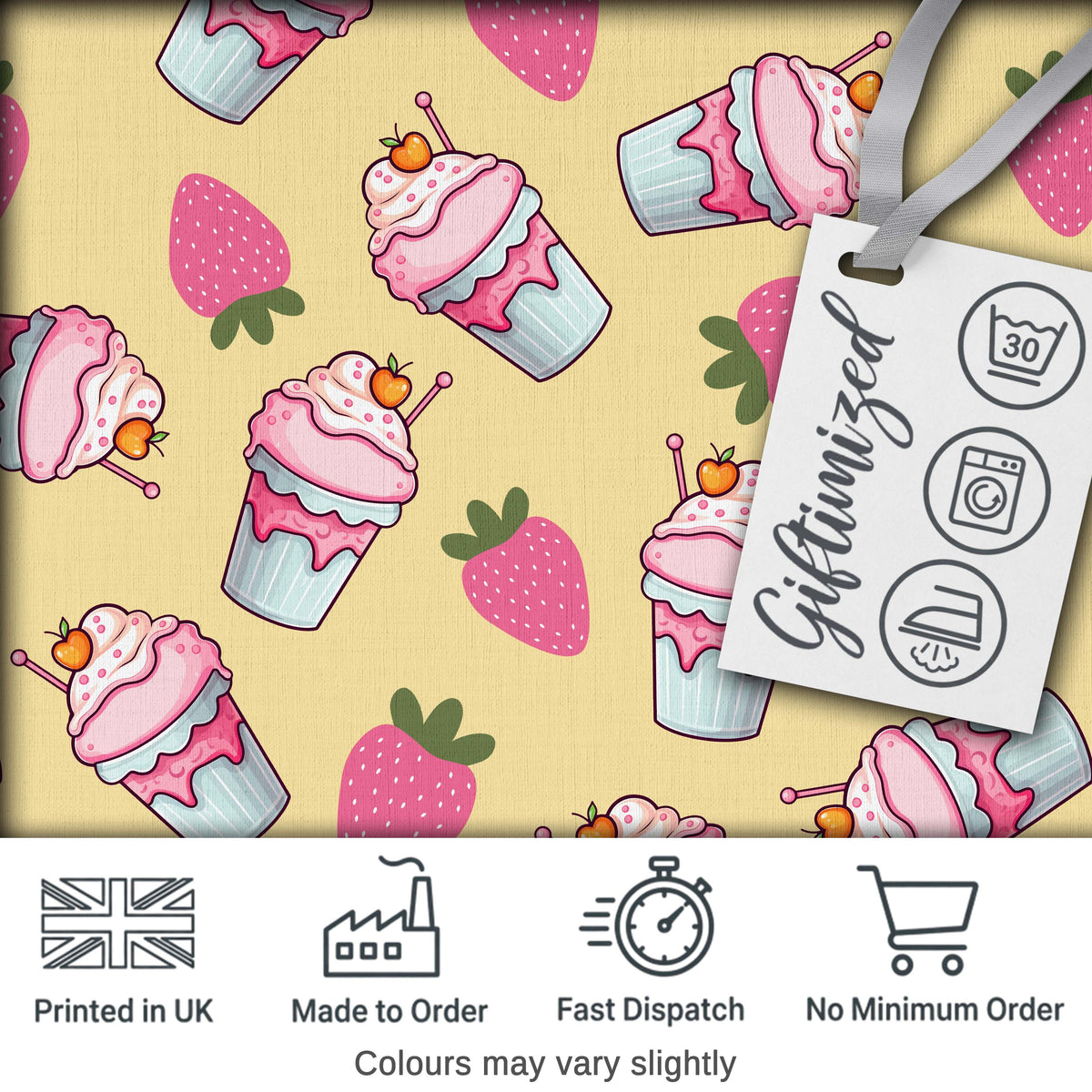 Cute Strawberry Milkshake Cupcake Yellow Background Seamless Pattern Digital Print Fabric by the Metre UK Sewing Quilting Textile