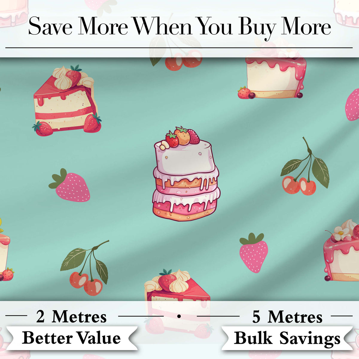 Cute Strawberry Cherry Cake Dessert Mint Green Background Seamless Pattern Digital Print Fabric by the Metre UK Sewing Quilting Textile