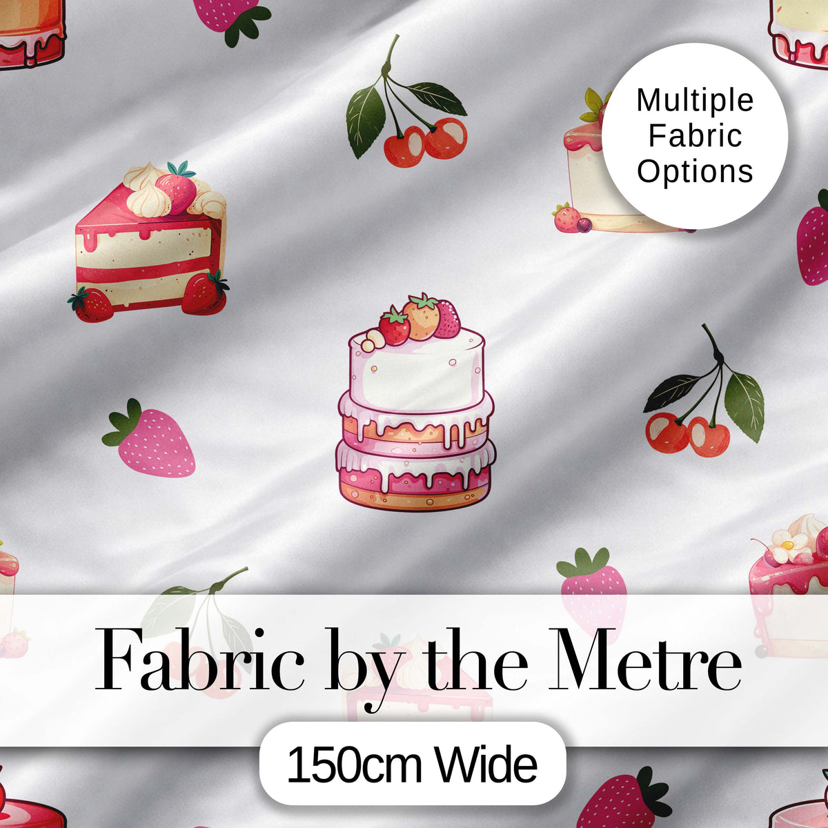 Cute Strawberry Cherry Cake Dessert Light Grey Background Seamless Pattern Digital Print Fabric by the Metre UK Sewing Quilting Textile