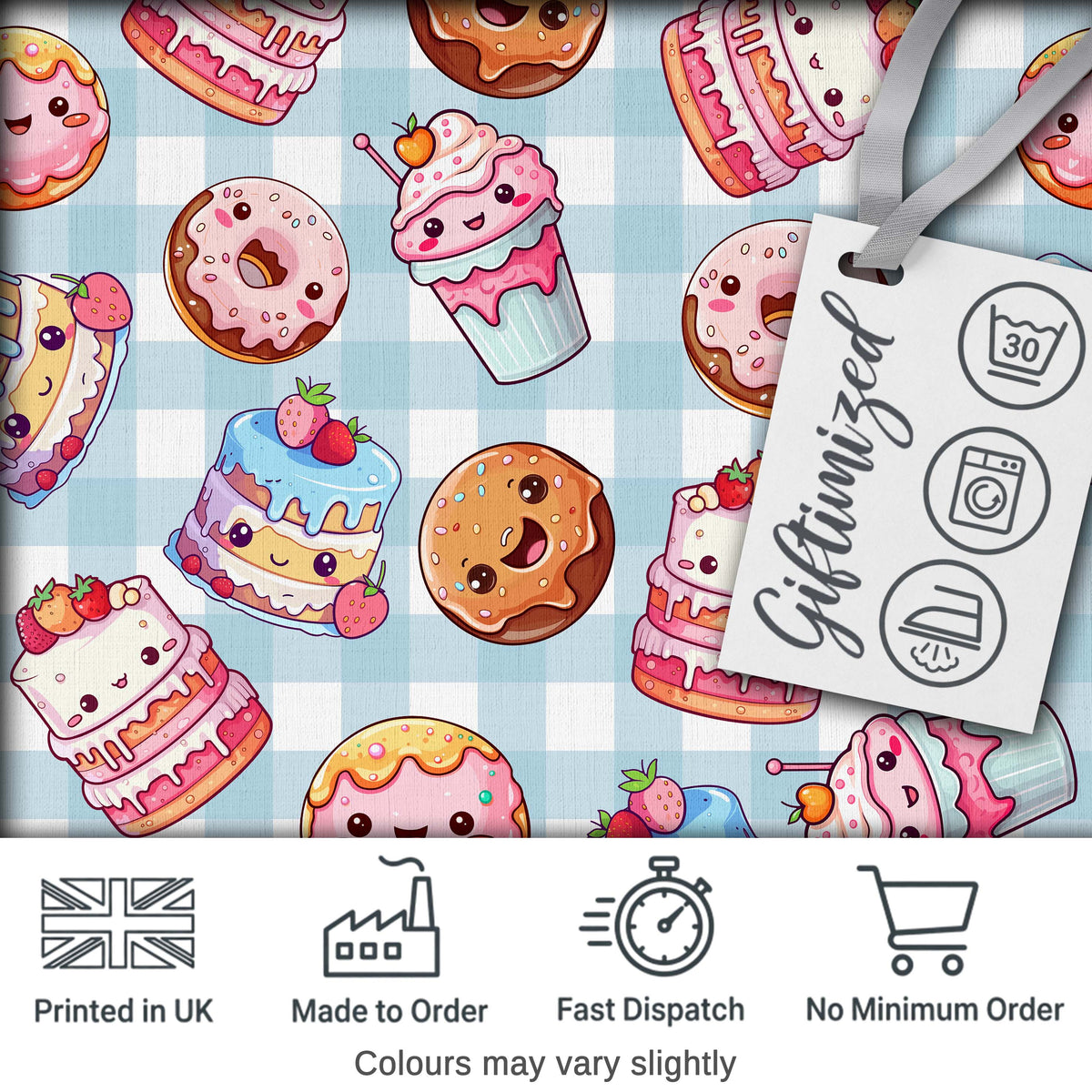 Cute Kawaii Donut Cake Dessert Blue Gingham Background Seamless Pattern Digital Print Fabric by the Metre UK Sewing Quilting Textile
